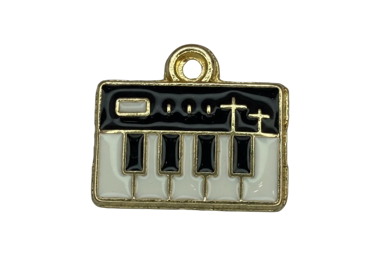 Gold-trim piano keyboard charm with glossy black and white enamel keys