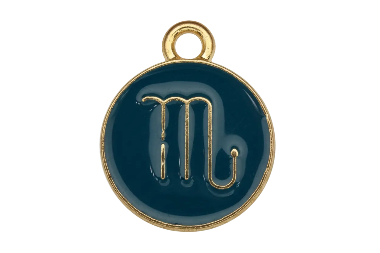 Round navy enamel coin with gold outline shaka hand motif