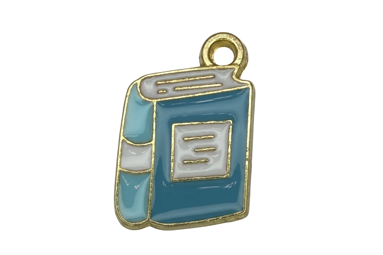 Retro blue and white microwave oven charm with glossy enamel and gold outline