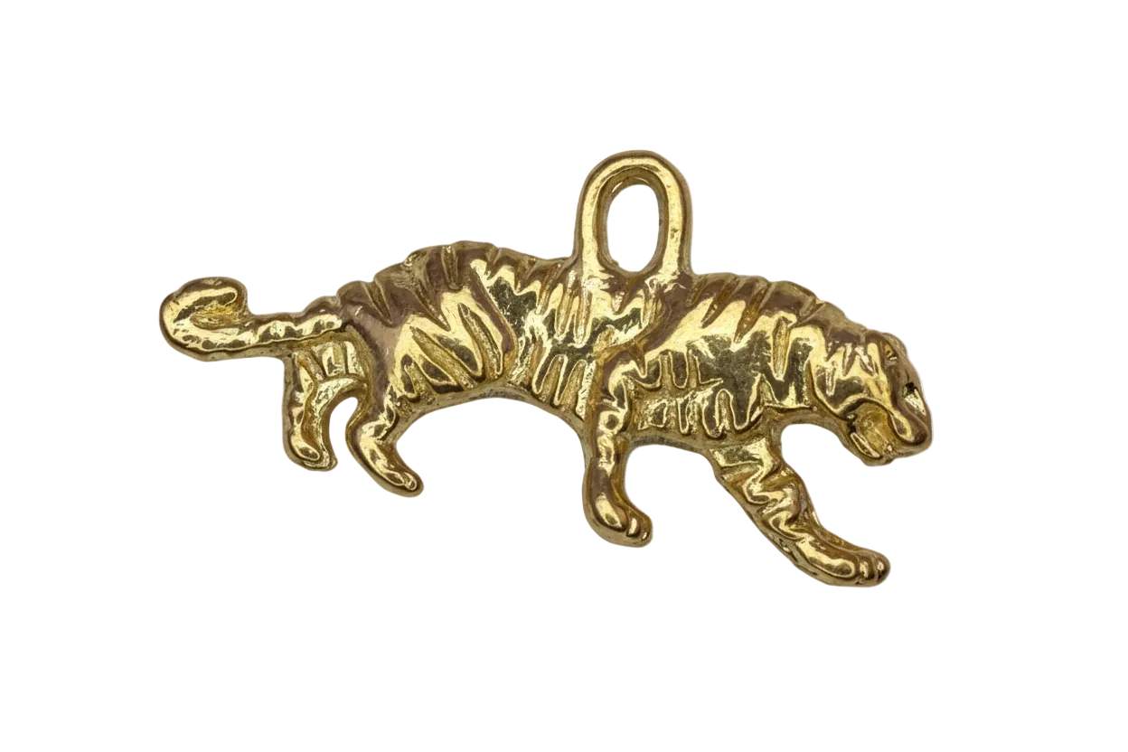 Glossy gold climbing tiger with textured stripes, side profile
