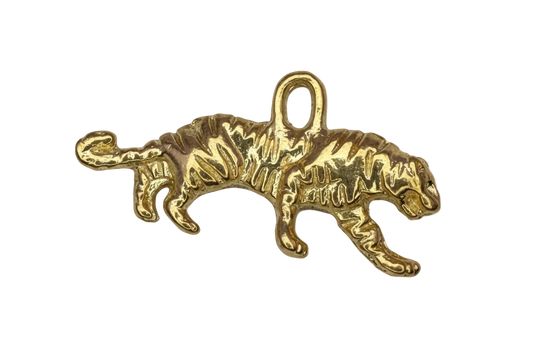 Glossy gold climbing tiger with textured stripes, side profile