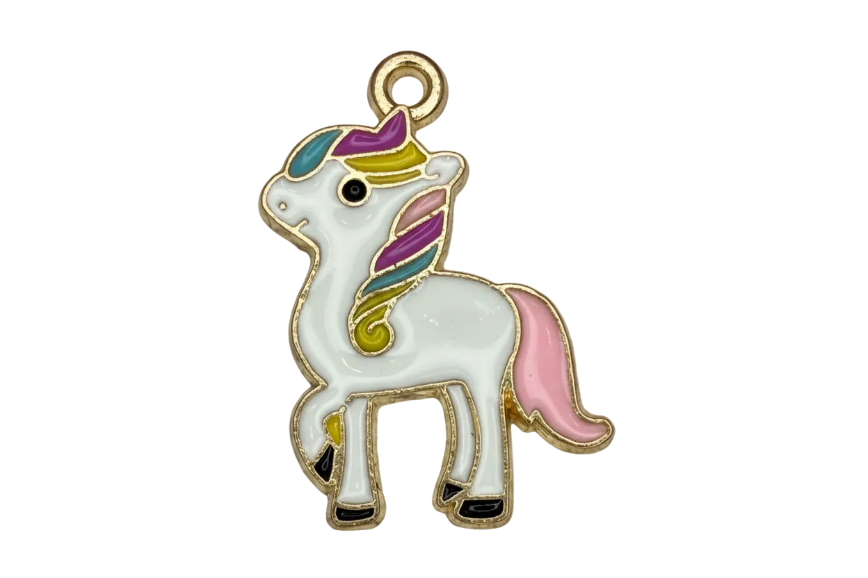 White unicorn with rainbow mane and pink tail in glossy enamel with gold outline