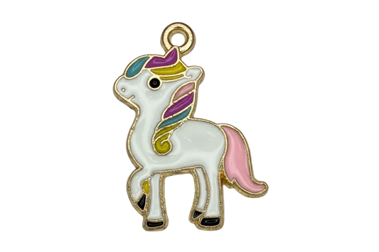 White unicorn with rainbow mane and pink tail in glossy enamel with gold outline