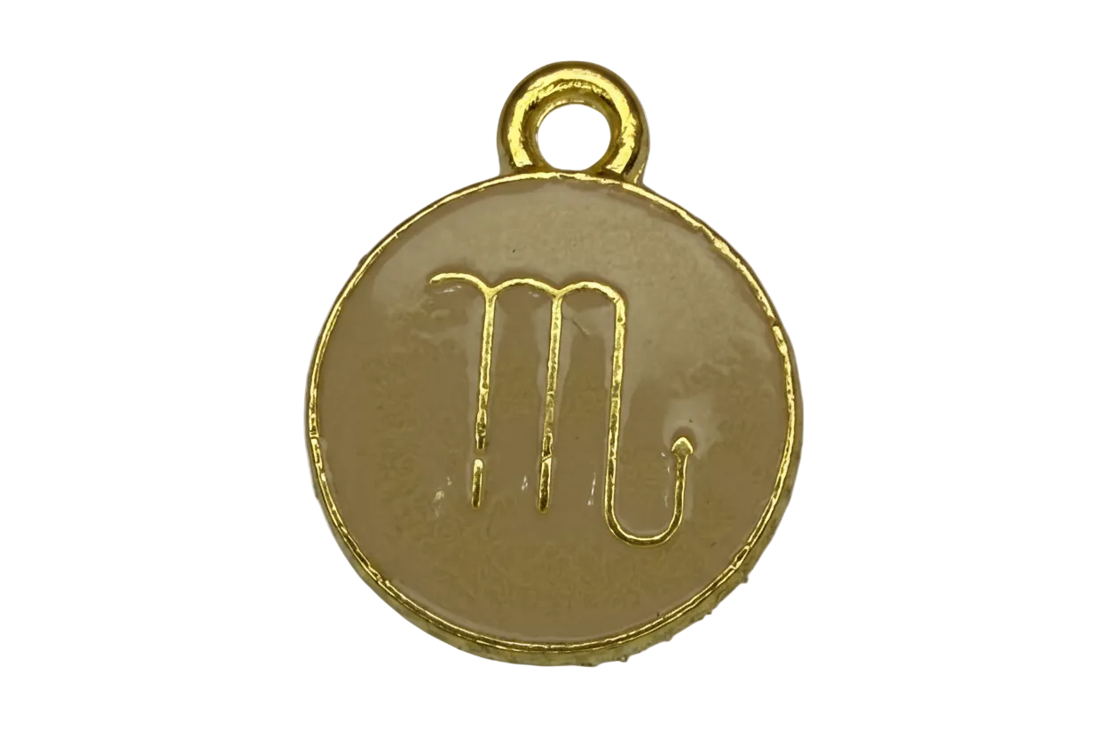 Taupe enamel round coin with raised gold Scorpio zodiac glyph