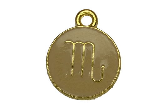Taupe enamel round coin with raised gold Scorpio zodiac glyph