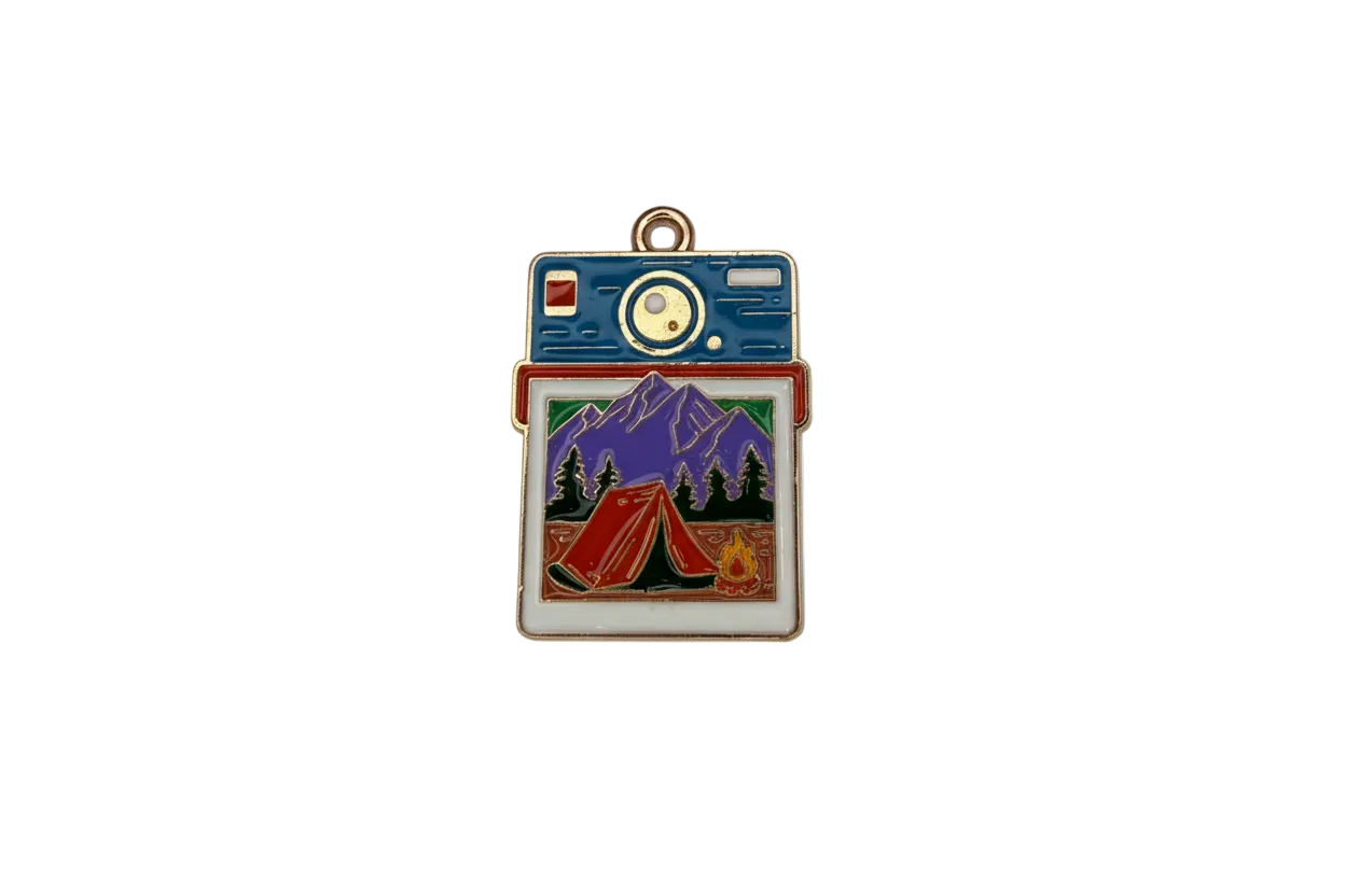 Enamel instant camera with camping mountain photo in gold trim