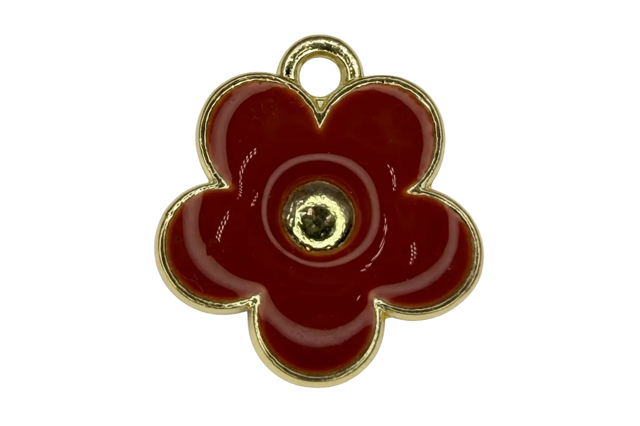 Glossy red flower charm with gold outline and domed gold center