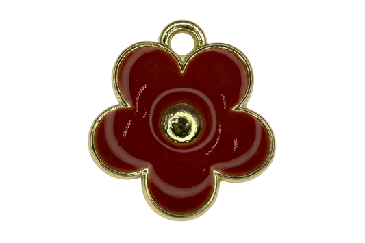 Glossy red flower charm with gold outline and domed gold center