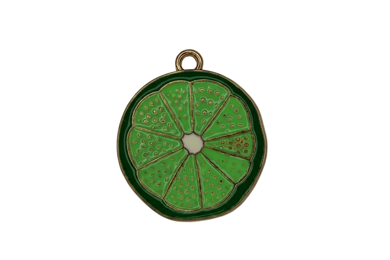 Glossy green lime slice charm with gold outline and segmented citrus details