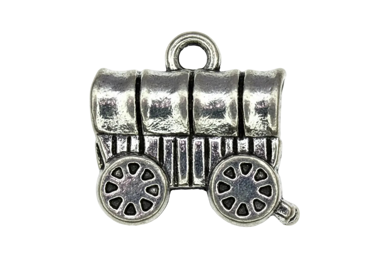 Antiqued silver covered wagon charm with two spoked wheels and ridged canopy