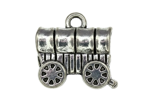 Antiqued silver covered wagon charm with two spoked wheels and ridged canopy