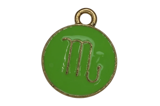 Green enamel round disc with gold edge and embossed Scorpio zodiac symbol