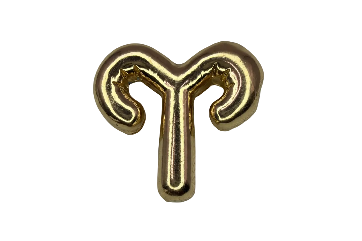 High-polish gold Aries zodiac symbol with ram horn curves
