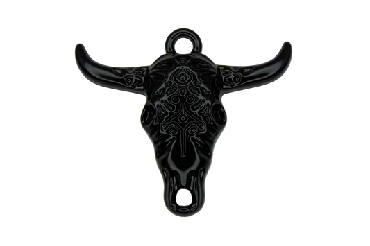 Glossy black longhorn skull pendant with ornate engraved pattern