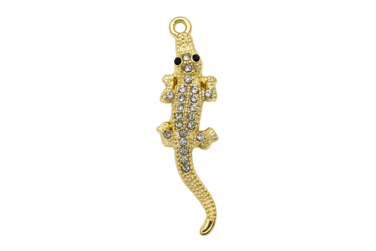 Gold gecko charm with clear crystal pavé and black eyes