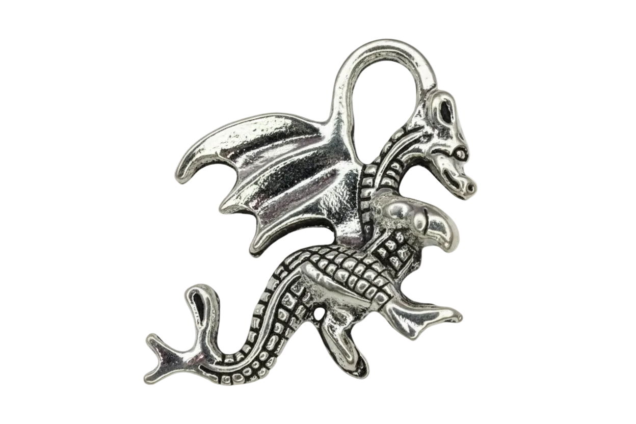Silver winged dragon charm with textured scales, raised wings, and curled tail