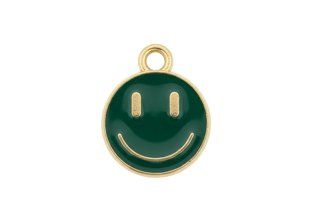 Dark green smiley face disc with gold outline and details