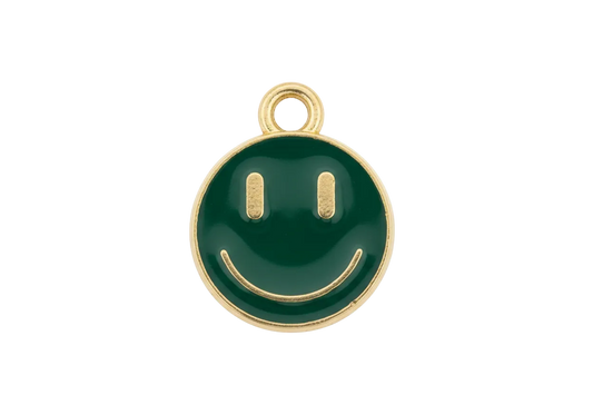 Dark green smiley face disc with gold outline and details