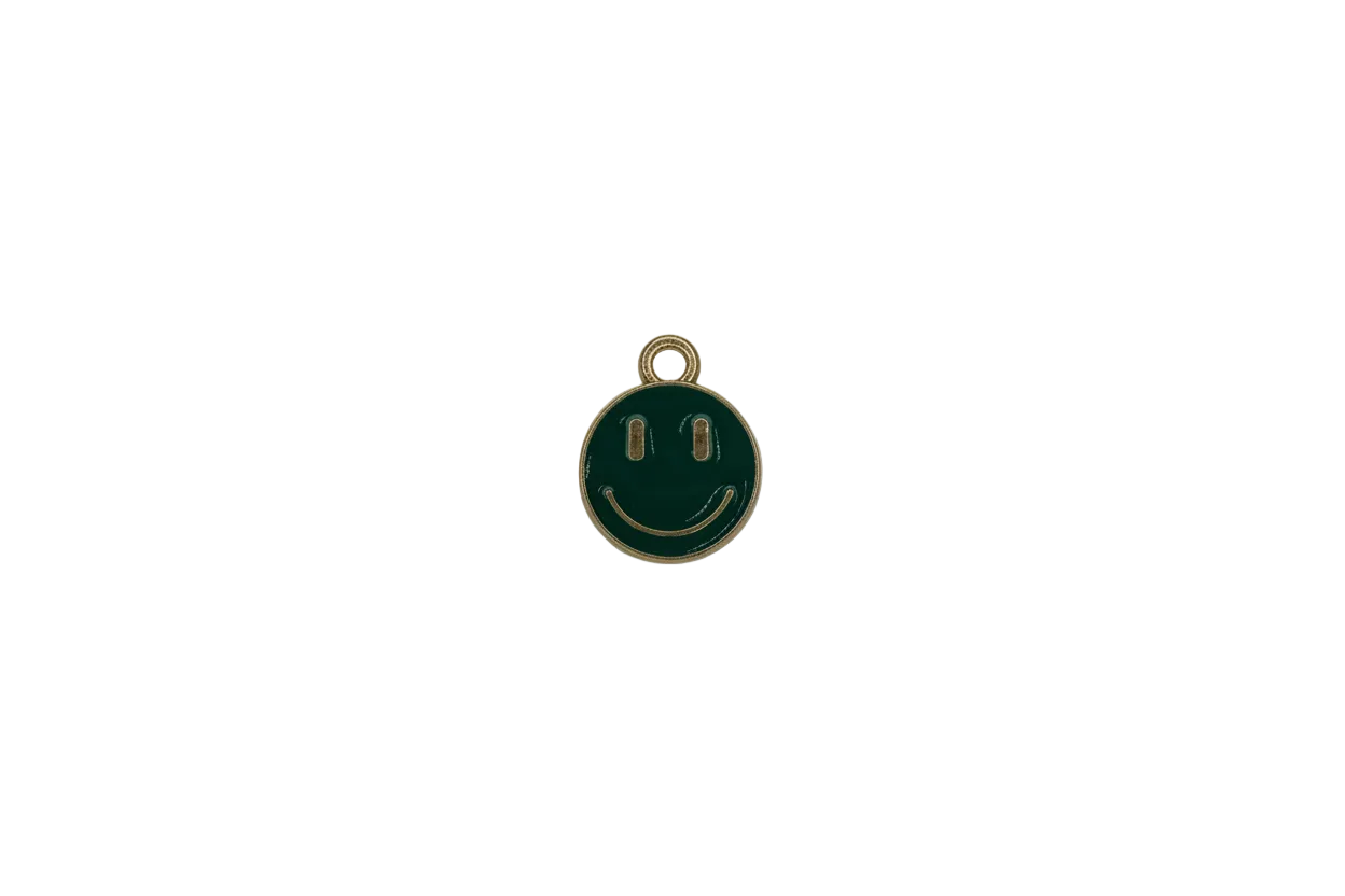Green smiley face disc with gold outline