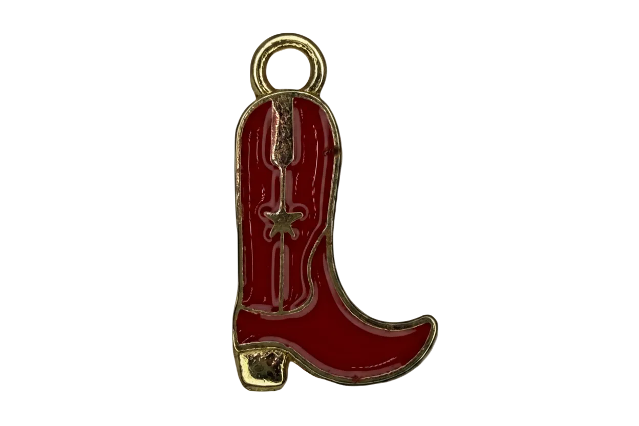 Red enamel cowboy boot with gold outline and western stitching detail