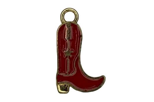 Red enamel cowboy boot with gold outline and western stitching detail