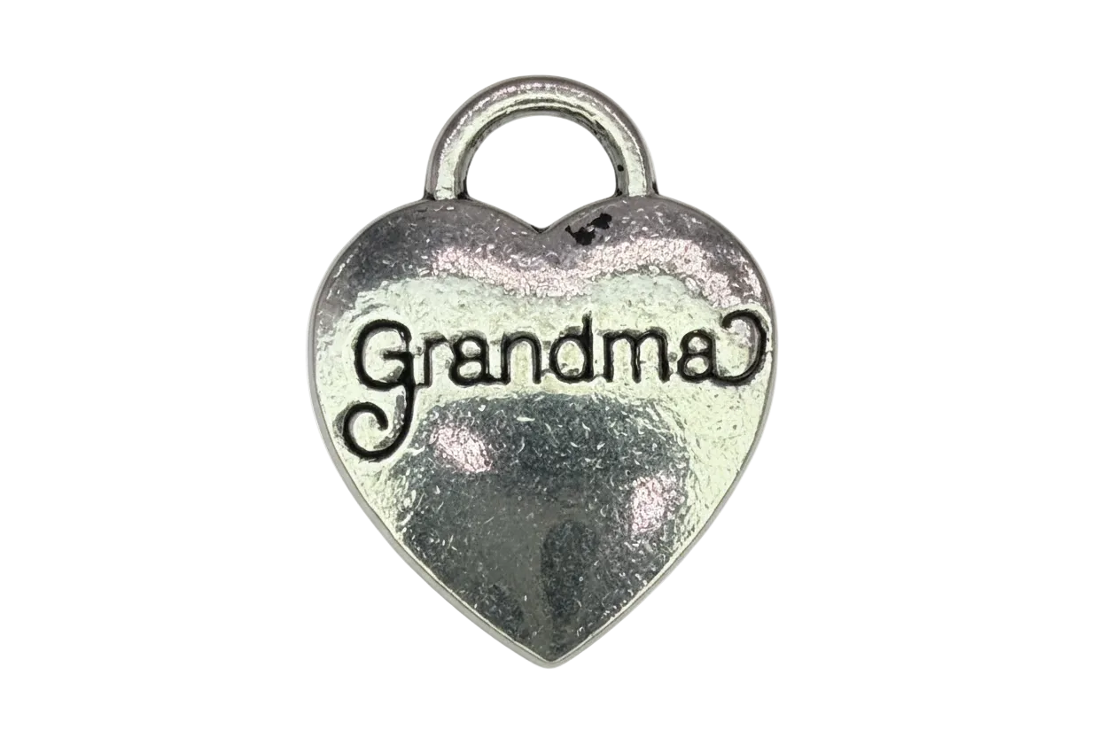 Silver heart-shaped lock with engraved “Grandma” script and antiqued detailing