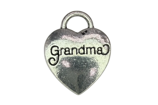 Silver heart-shaped lock with engraved “Grandma” script and antiqued detailing