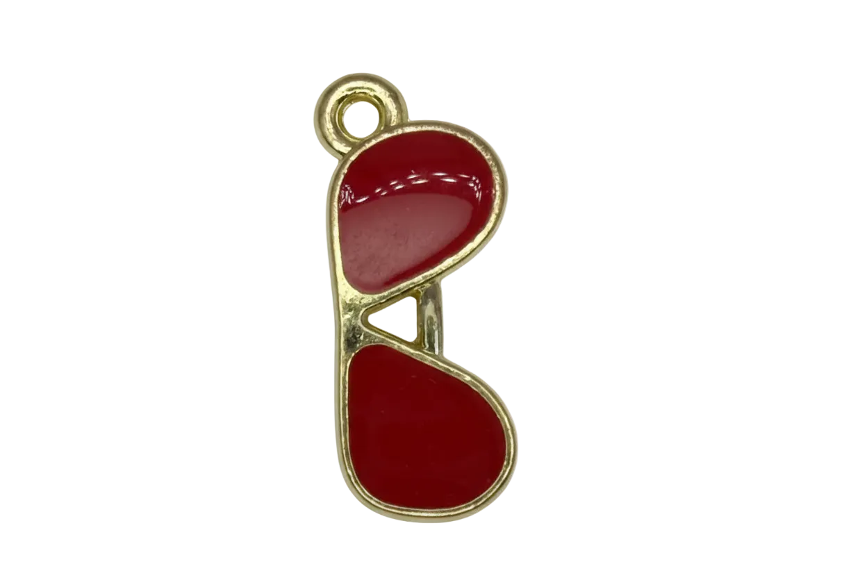 Glossy red sunglasses charm in gold with a small clear gem accent