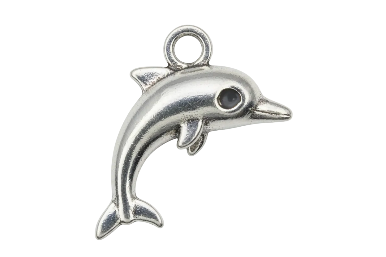 Polished silver dolphin charm with smooth curved body and small fin details