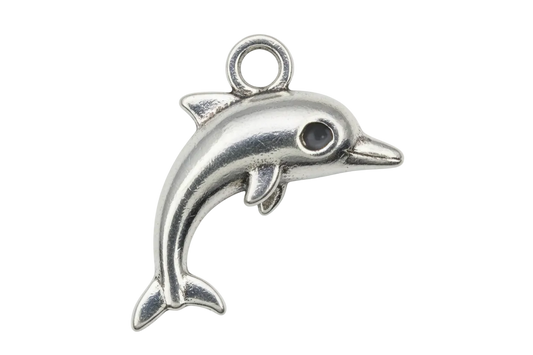 Polished silver dolphin charm with smooth curved body and small fin details