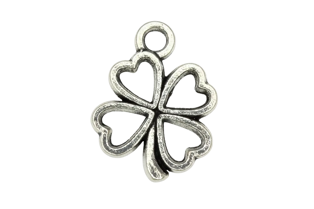 Antiqued silver openwork four-leaf clover with heart-shaped petals