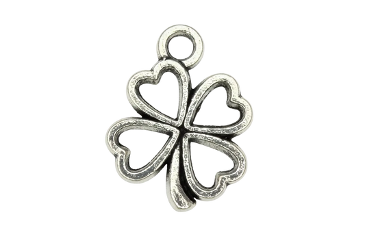 Antiqued silver openwork four-leaf clover with heart-shaped petals
