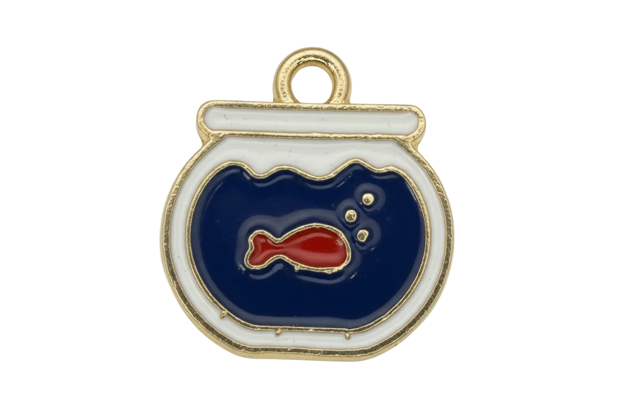 Gold-outlined blue fishbowl with red fish and bubble details in glossy enamel
