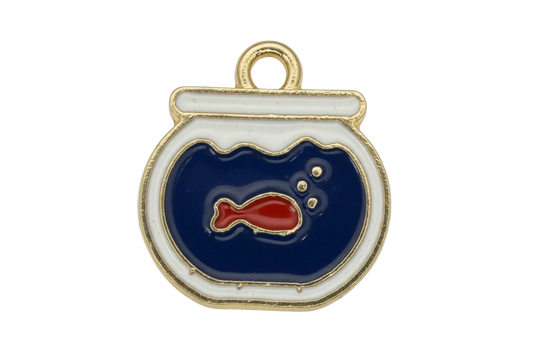 Gold-outlined blue fishbowl with red fish and bubble details in glossy enamel