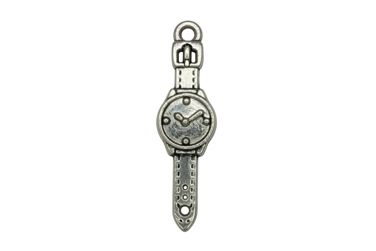 Antiqued silver wristwatch charm with round face and engraved strap details