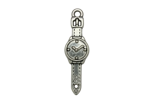 Antiqued silver wristwatch charm with round face and engraved strap details