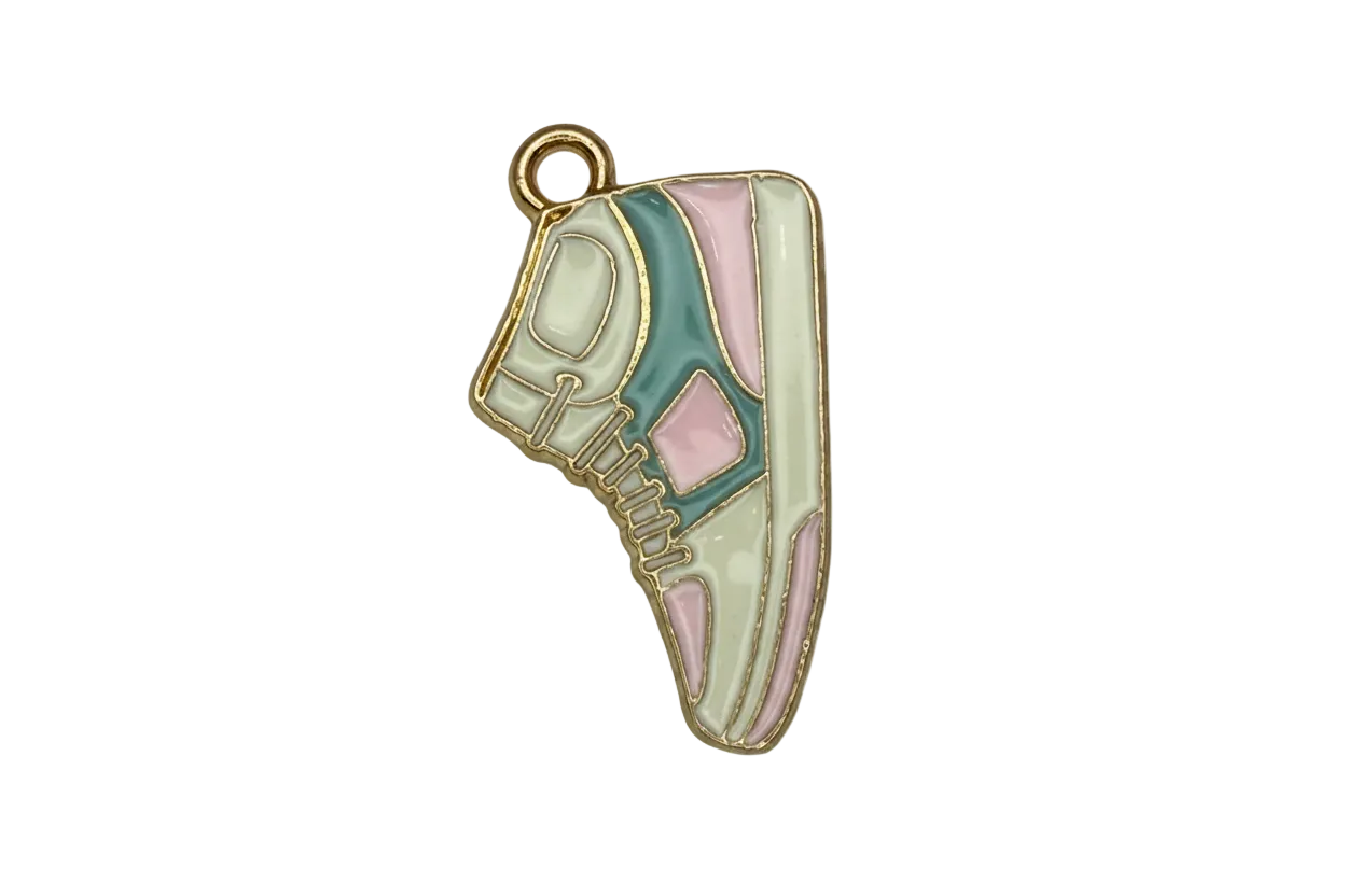 Pastel enamel sneaker charm in mint, teal, and pink with gold outline