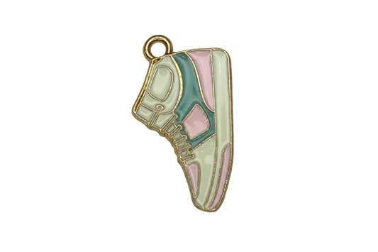 Pastel enamel sneaker charm in mint, teal, and pink with gold outline