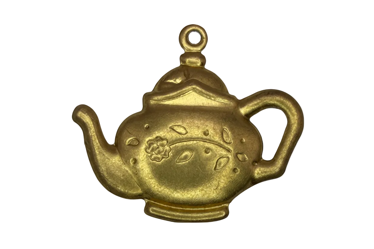 Gold teapot charm with etched floral details and a tiny clear gem accent
