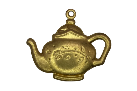 Gold teapot charm with etched floral details and a tiny clear gem accent
