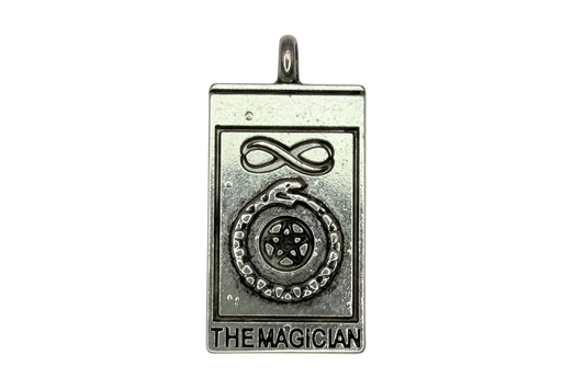 Silver-tone Magician tarot card rectangle with raised infinity symbol and circular star emblem
