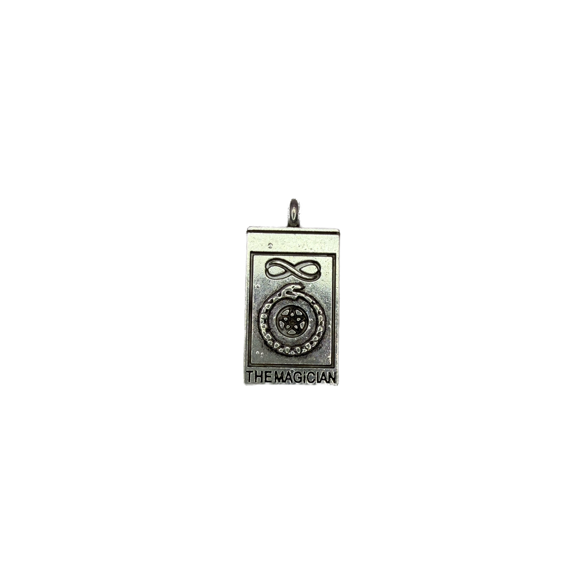 Silver Magician tarot card with infinity symbol and star emblem