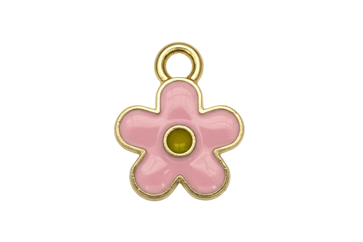 Glossy pink five-petal flower with gold outline and yellow center