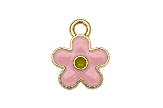 Glossy pink five-petal flower with gold outline and yellow center