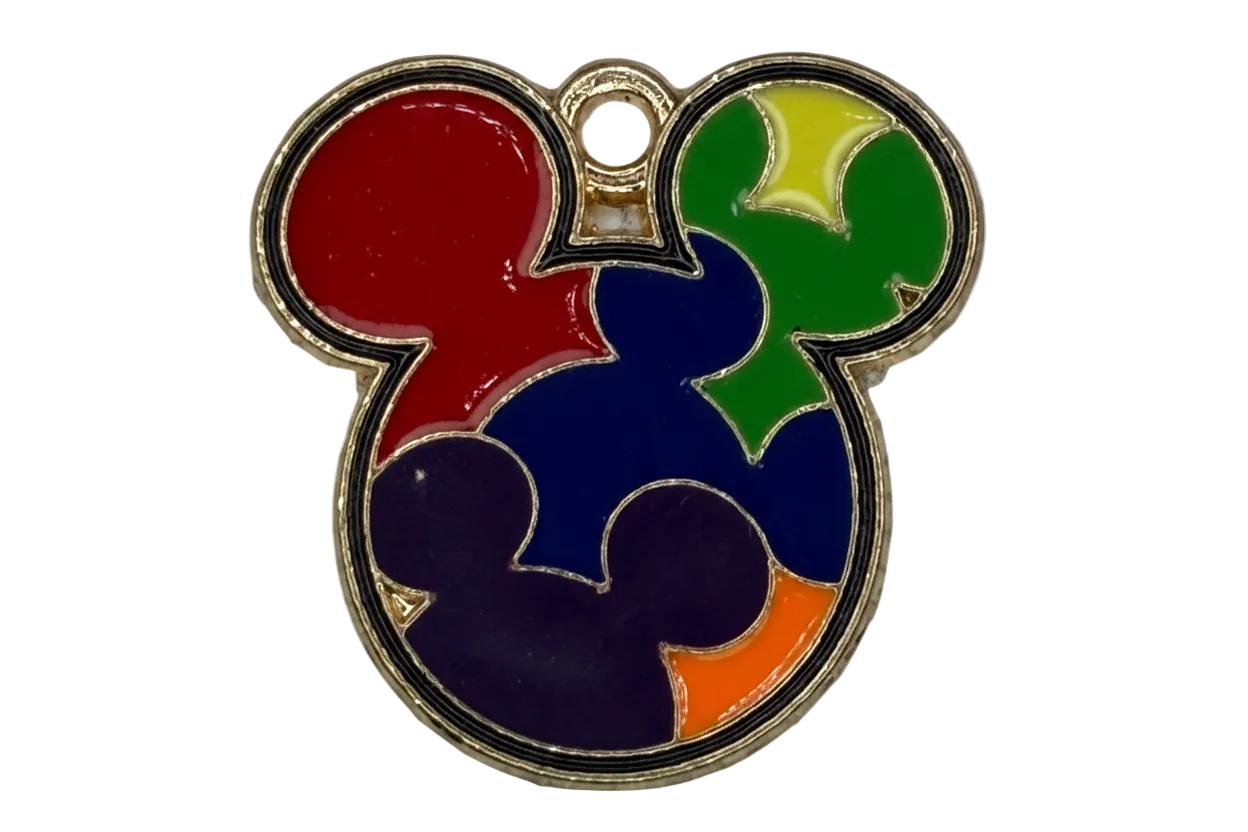 Gold-outlined mouse head silhouette with glossy multicolor enamel colorblock design