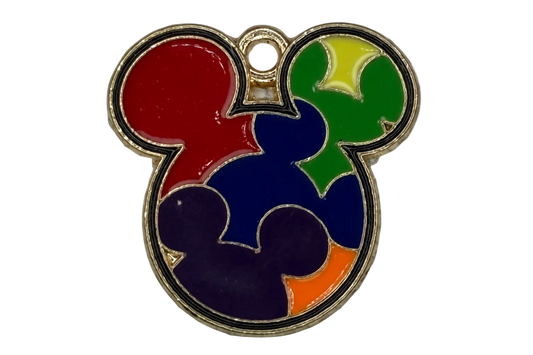 Gold-outlined mouse head silhouette with glossy multicolor enamel colorblock design