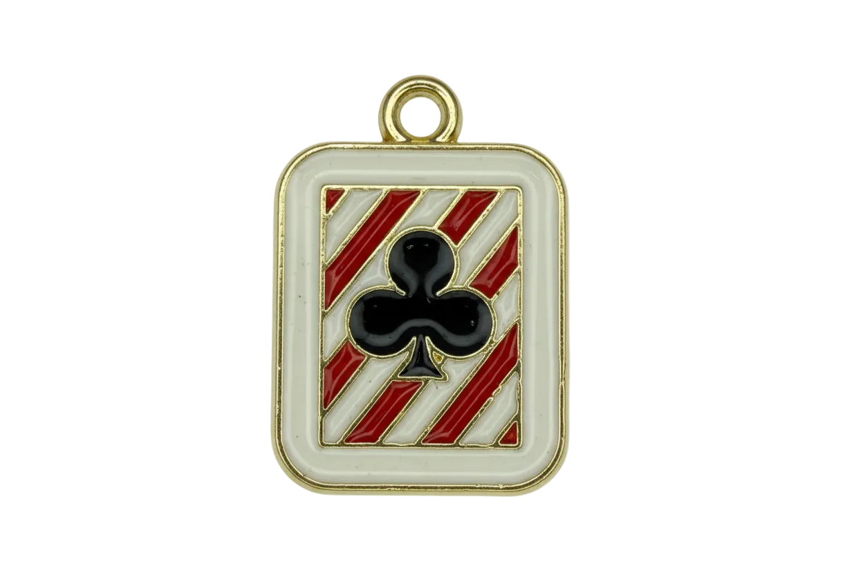 Gold-toned playing card charm with black club symbol and red-and-white diagonal stripes