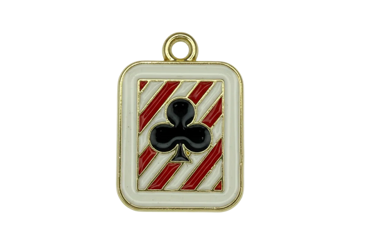 Gold-toned playing card charm with black club symbol and red-and-white diagonal stripes