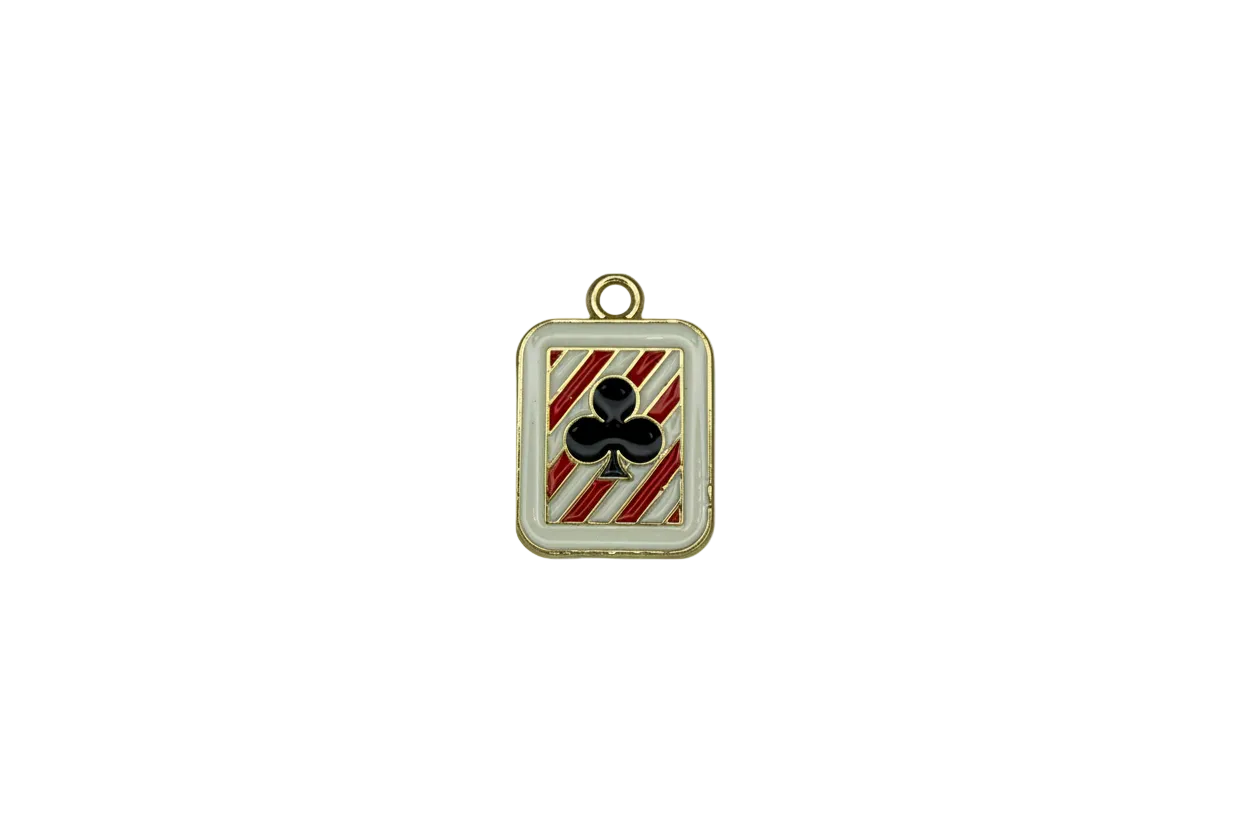 Gold-toned playing card with black club and red-white stripes