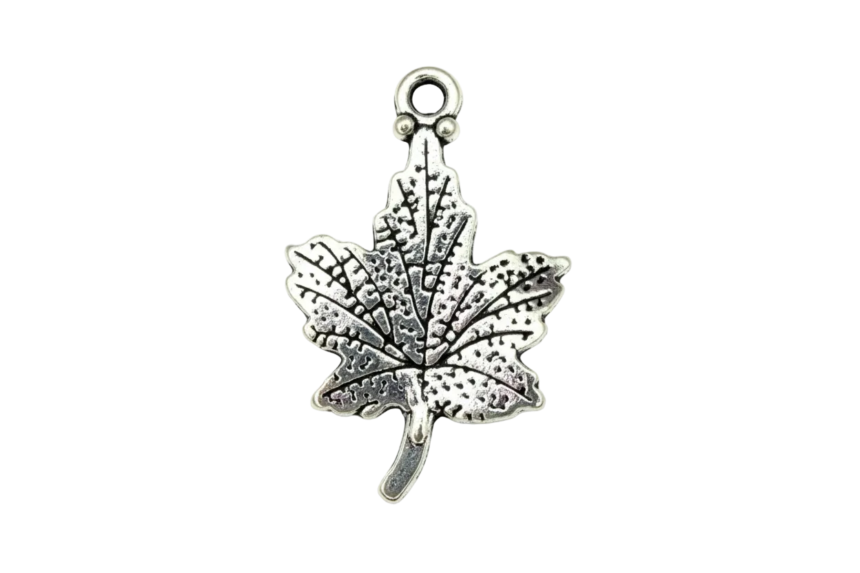 Oxidized silver maple leaf charm with textured veins and stem